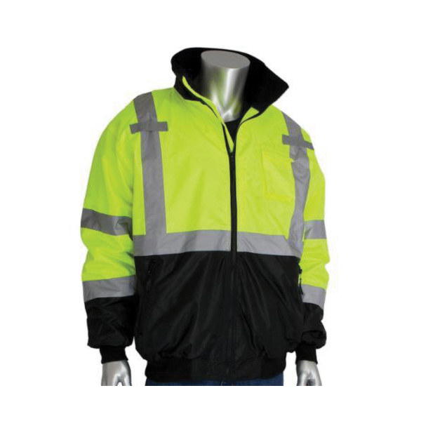 PIP® 333-1766-LY Bomber Jacket With Zip-Out Fleece Liner, Hi-Viz Lime Yellow, Polyester, Resists: Water, Specifications Met: ANSI 107 Class 3 Type R
