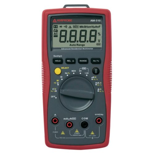 Amprobe® AM-510 Digital Multimeter, 4 to 600 VAC/VDC, 400 mVAC/mVDC, 400 to 4000 uA, 40 to 400 mA, 4 to 10 A, 400 Ohm/4 to 400 kOhm/4 to 40 MOhm, Large Backlit LCD Display