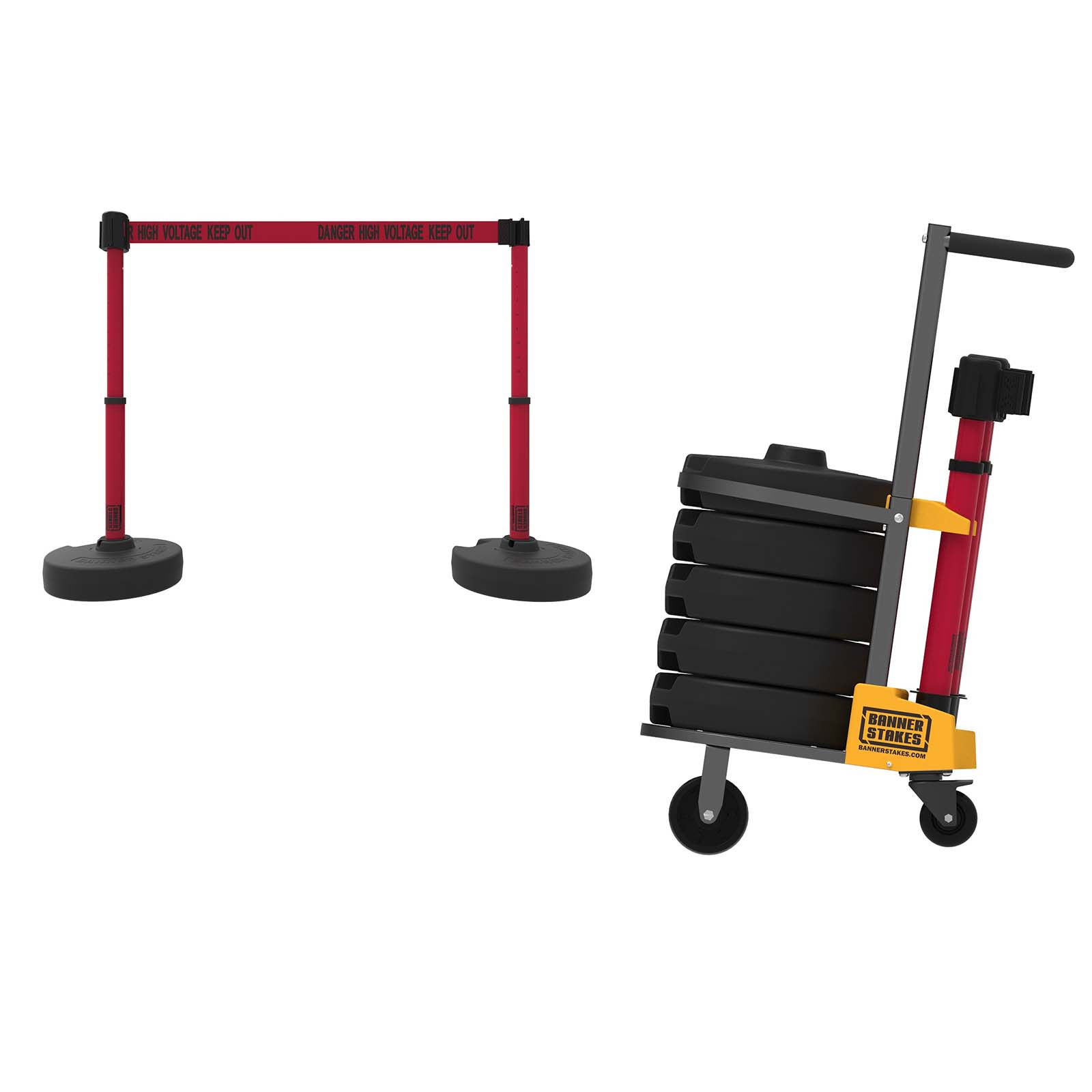 Banner Stakes PL4013 PLUS Cart Package, Red "Danger High Voltage Keep Out" Banner