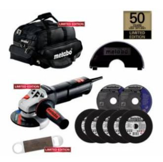 Metabo WP 11-125Q  Quick Kit Angle Grinder; Limited Edition Kit, Includes Clip On Guard, 2 Free Grinding Wheels, 5 Free Slicers, Free Black Carry Bag, Free Bottle Opener