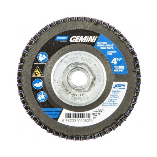 Norton® Gemini 66623399059 R766 Arbor Thread High Density Coated Abrasive Flap Disc, 4-1/2 in Dia, P40 Grit, Extra Coarse Grade, Aluminum Oxide/Zirconia Alumina Abrasive, Type 27/Flat Disc
