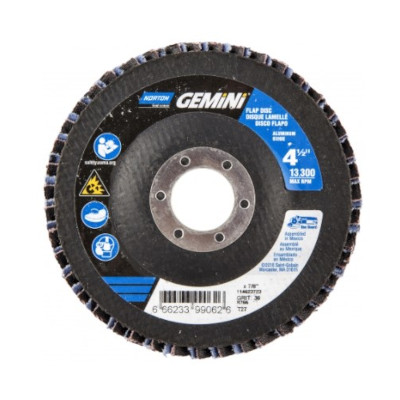 Norton® Gemini 66623399064 R766 Center Mount High Density Coated Abrasive Flap Disc, 4-1/2 in Dia, 7/8 in Center Hole, P60 Grit, Coarse Grade, Aluminum Oxide/Zirconia Alumina Abrasive, Type 27/Flat Disc